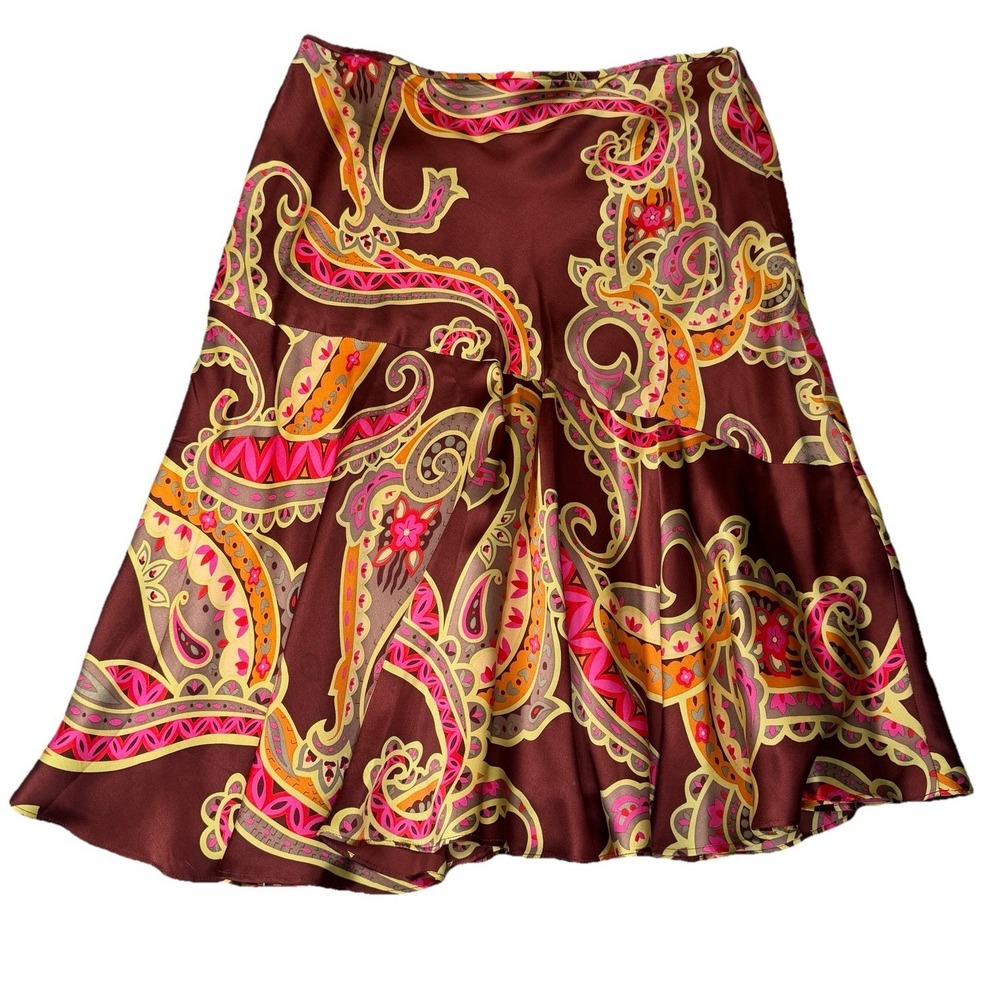 itw By Claude Brown Size 10 Paisley Skirt 100% Silk Pink Flutter Midi Boho Chic‎
